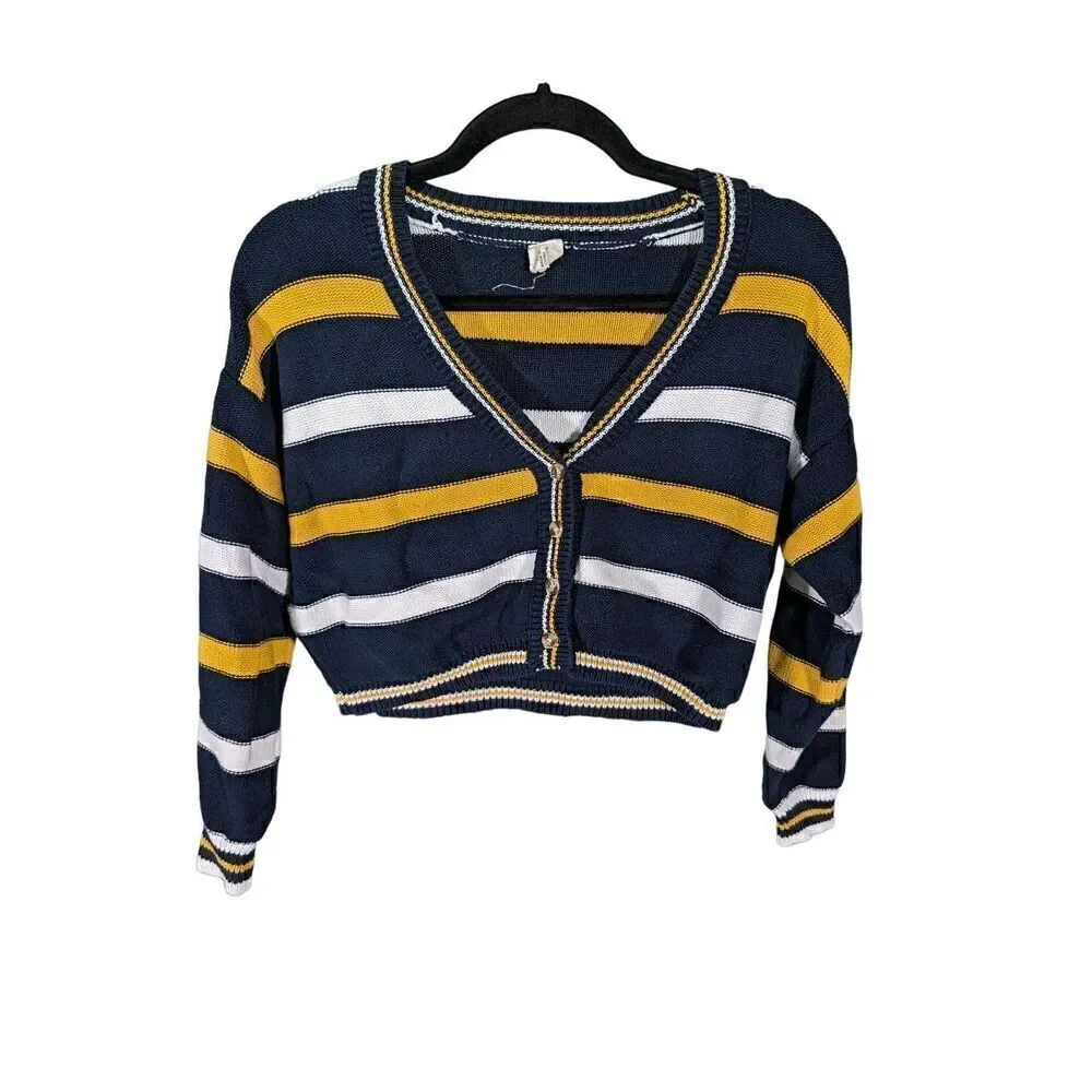 Ijoah Striped Knitted Cardigan, Cropped Long Sleeve V Neck Top Size Small